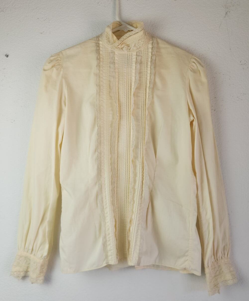 Vintage Pierre Cardin Blouse Lace Yellow/Cream Size 6 Long Sleeve High Neck